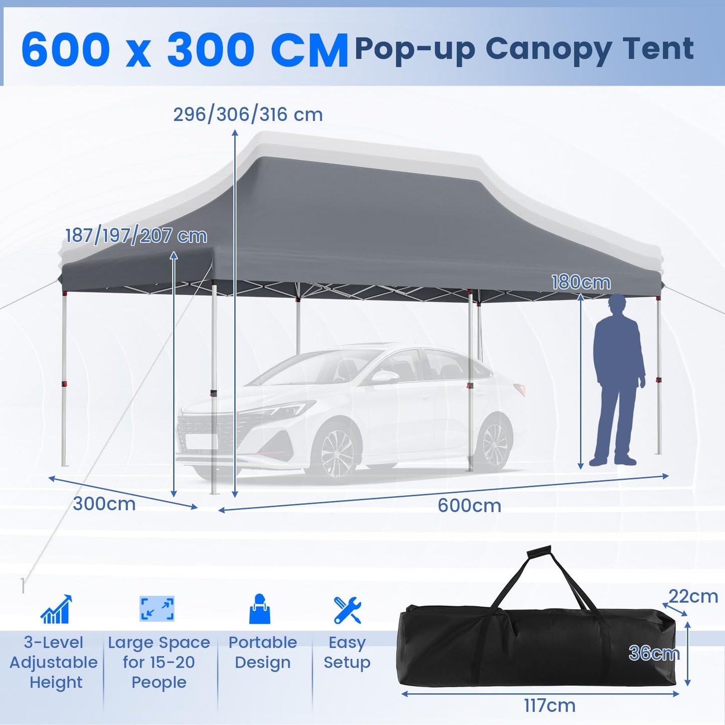 6x3M Height Adjustable Pop-up Gazebo with Carrying Bag
