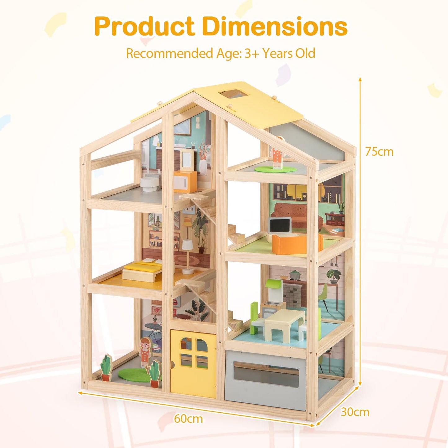 Kids Wooden Dollhouse with 7 Rooms and 18 Pcs Furniture Accessories