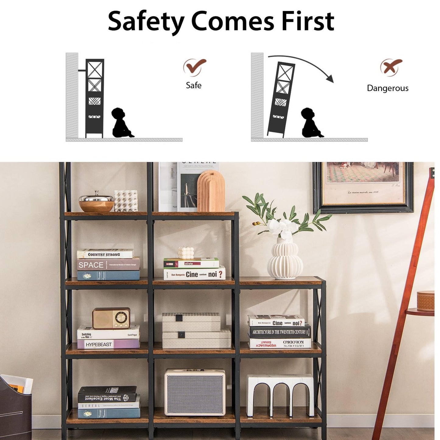 5-Tier Bookshelf with Carbon Steel Frame and Anti-Tipping Kits