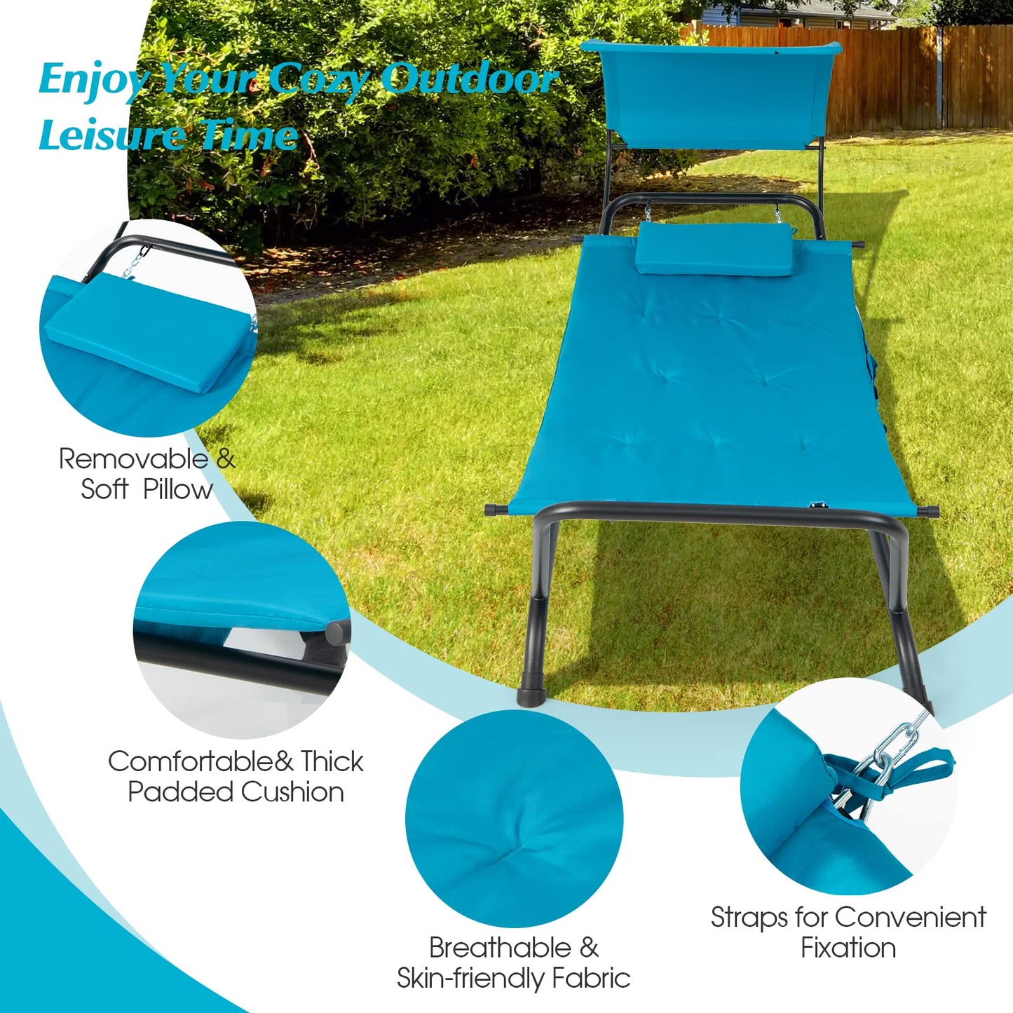 Outdoor Hammock with Stand Cushion and Canopy for Garden Lawn