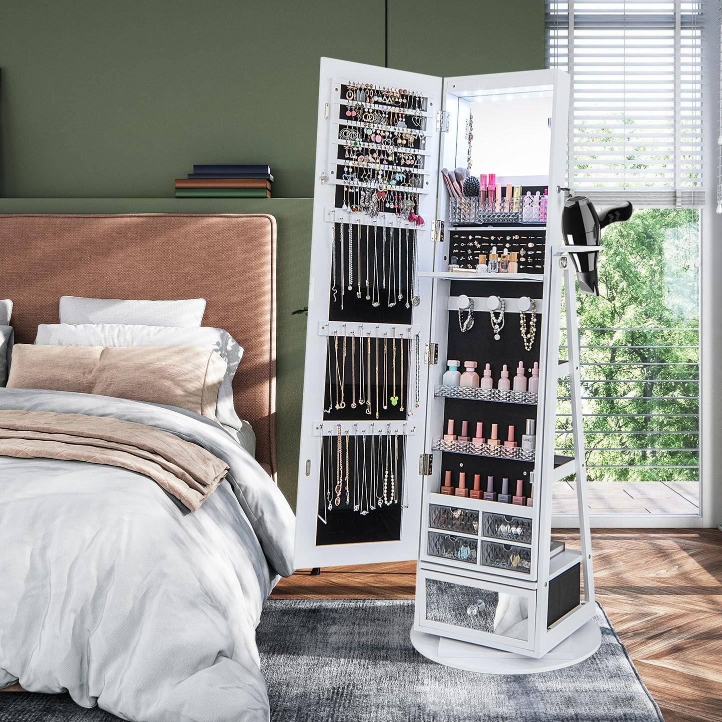 360° Swivel Lockable Jewelry Armoire Cabinet with Full-Length Mirror