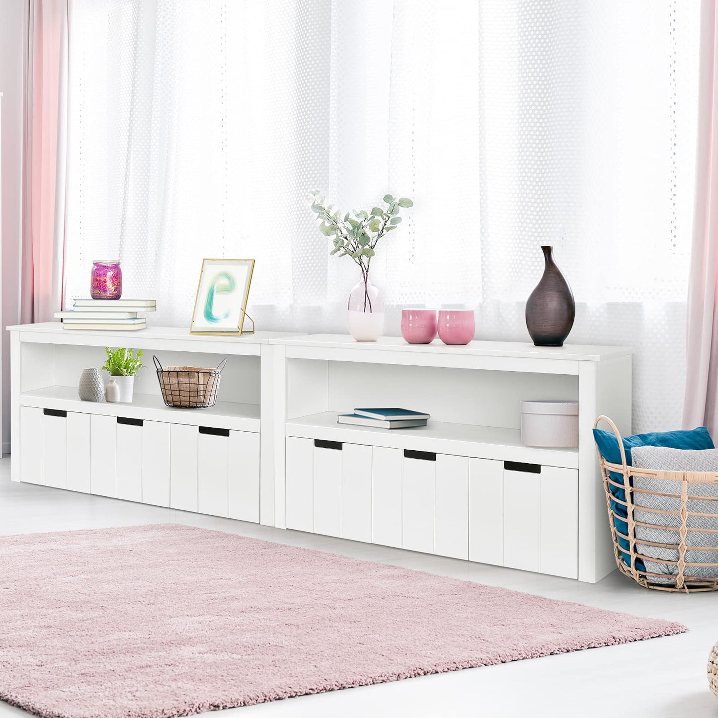 Wooden Playroom Chest with Drawers and Large Open Shelf
