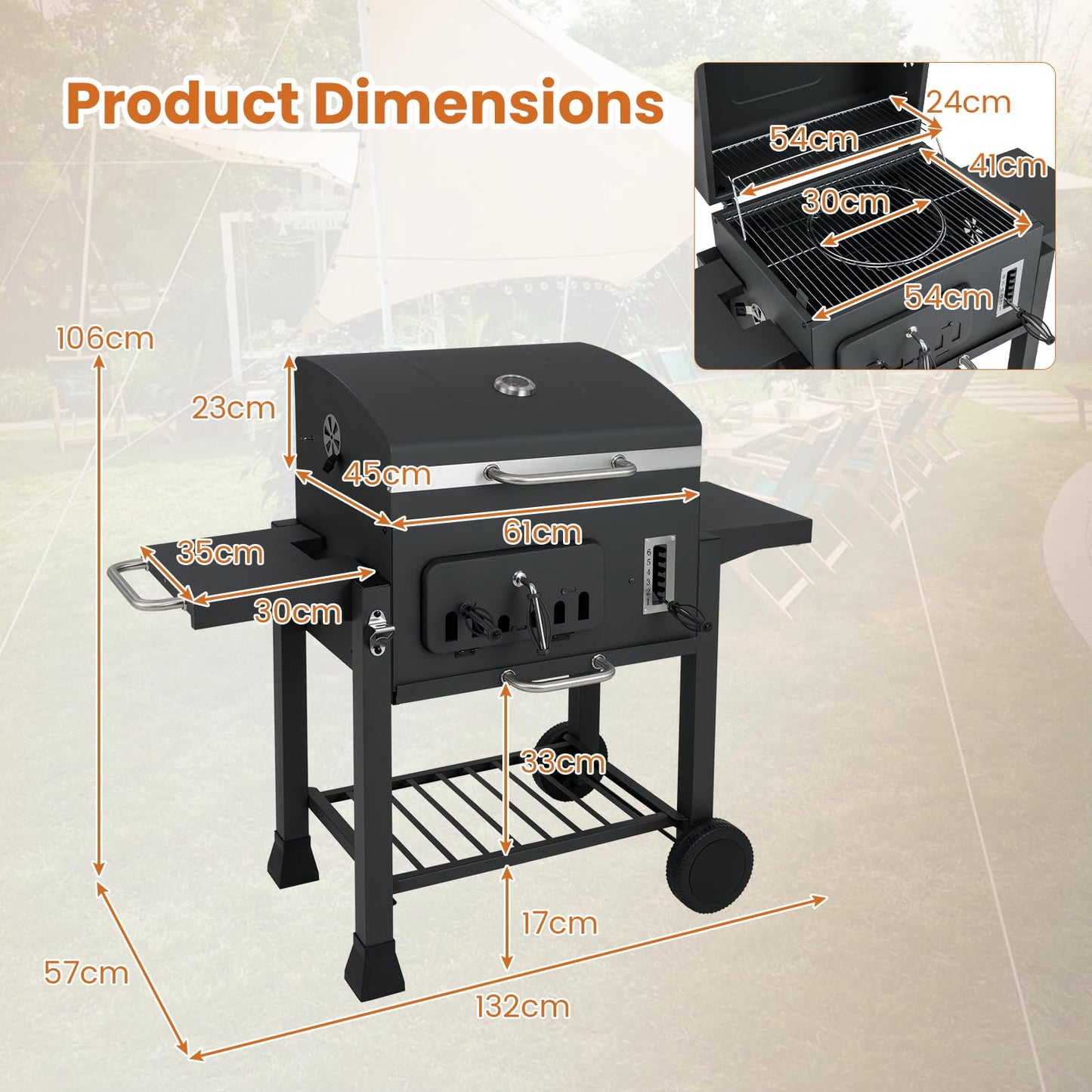 Barrel Charcoal Grill with 2 Folding Side Tables for Camping Picnic