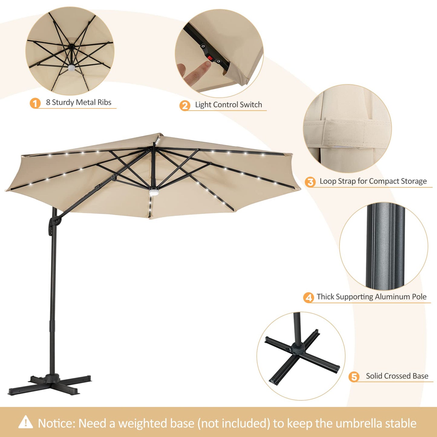 3m Garden Parasol with with Solar-Powered LED & Winding Crank