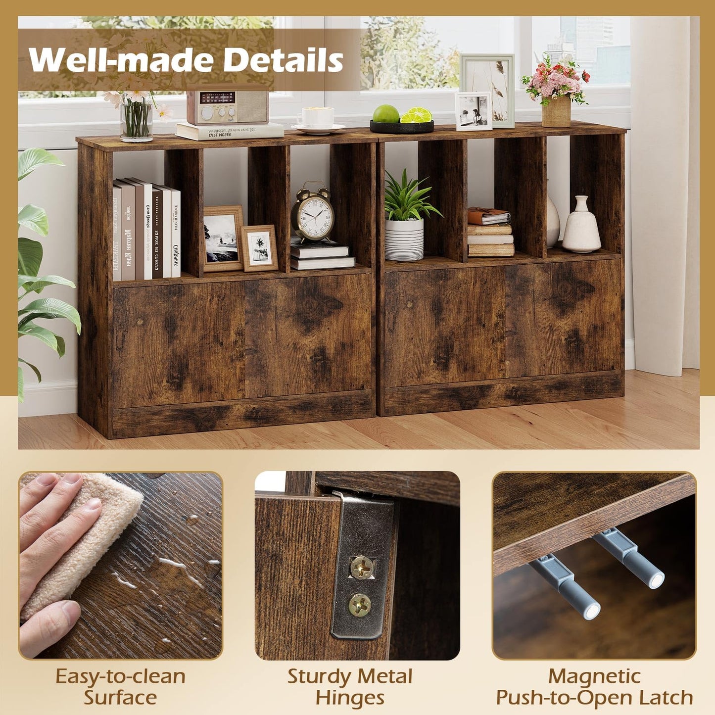 3-Cube Bookcase with Doors, Modern Bookshelf Open Storage Organizer Unit