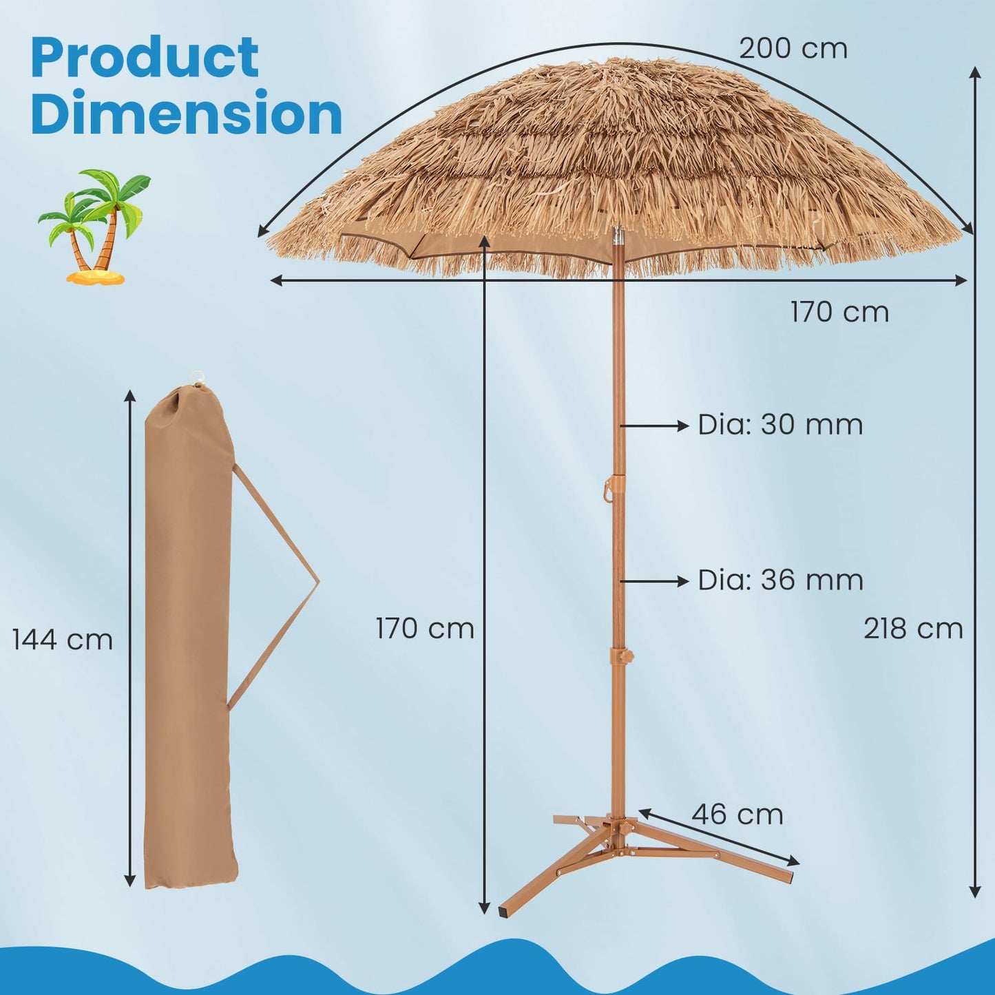 1.7m Garden Hawaii Parasol with Foldable Stand and Carry Bag