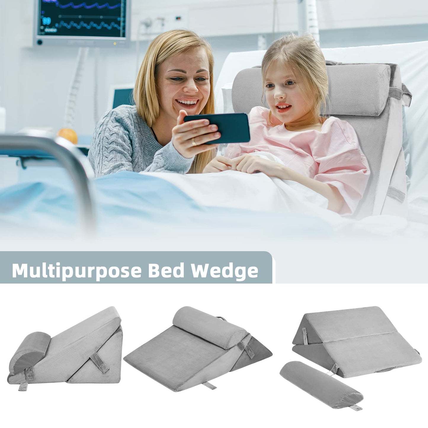 Bed Wedge Pillow with Headrest and Washable Cover for Reading