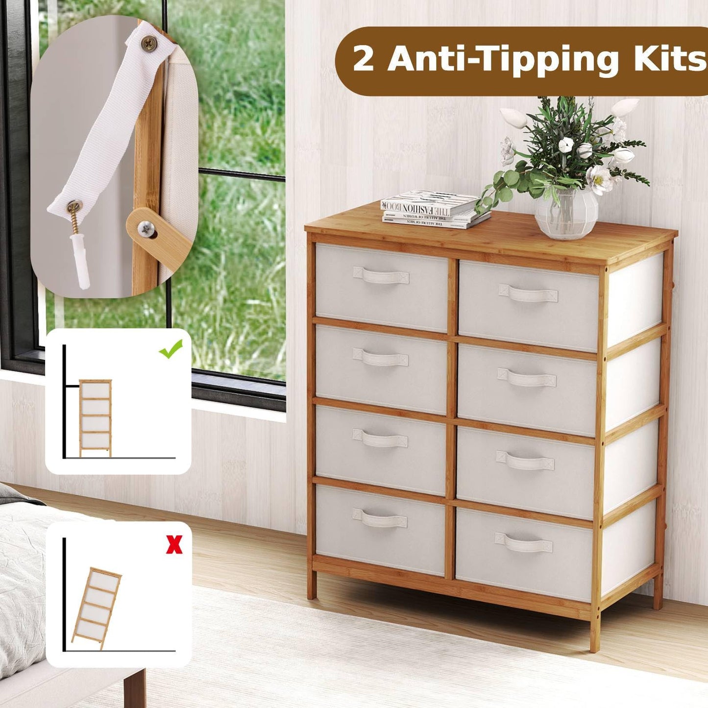 Bamboo Storage Tower with Foldable Fabric Drawers and Top Shelf