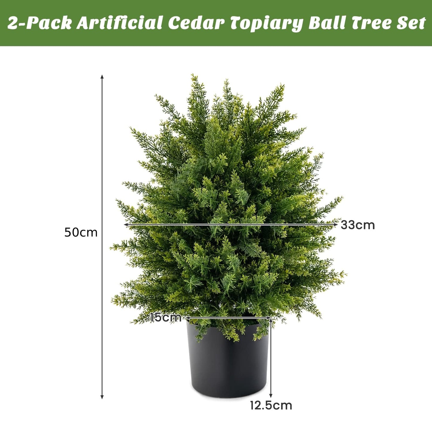 Set of 2 Artificial Cedar Topiary Ball Trees with Cement Pot