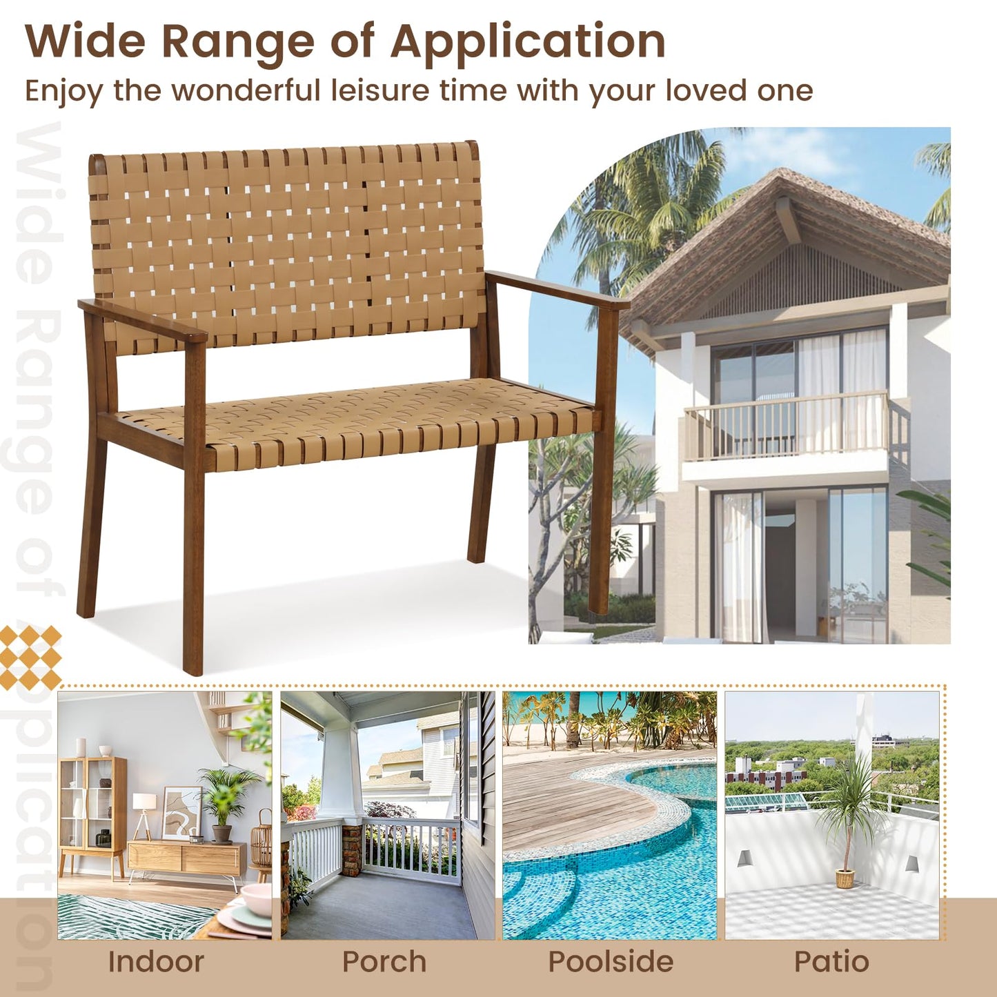 Outdoor All Weather Bench with Solid Rubber Wood Frame and Hand Woven PU Leather