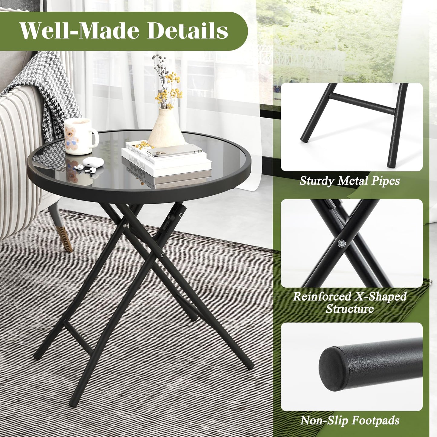 46cm Round Tempered Glass Top Small Garden Table