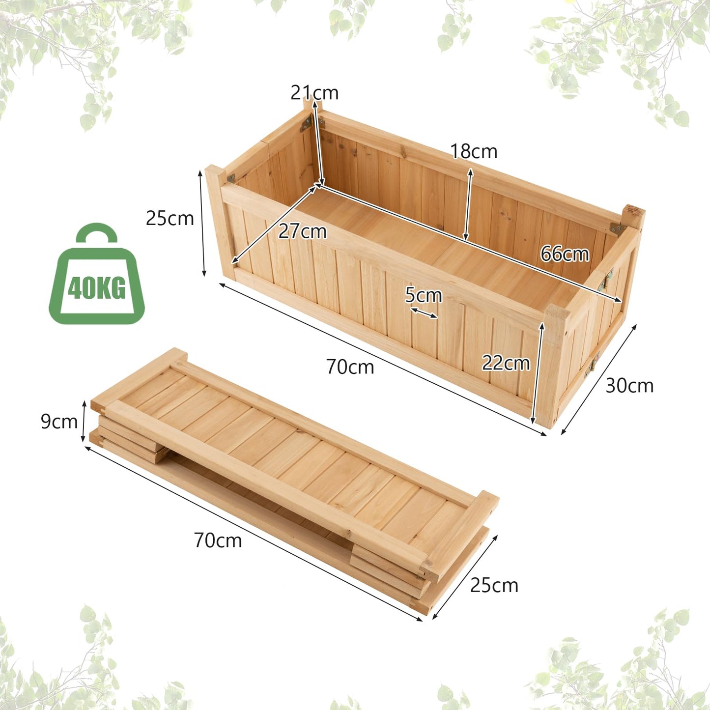 Folding Wooden Flower Planter with Drainage Hole (70 x 30 x 25cm)