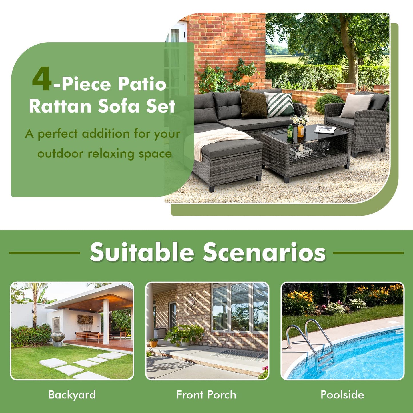 4-Piece All-Weather Outdoor Sectional L-shaped Sofa Set with Coffee Table