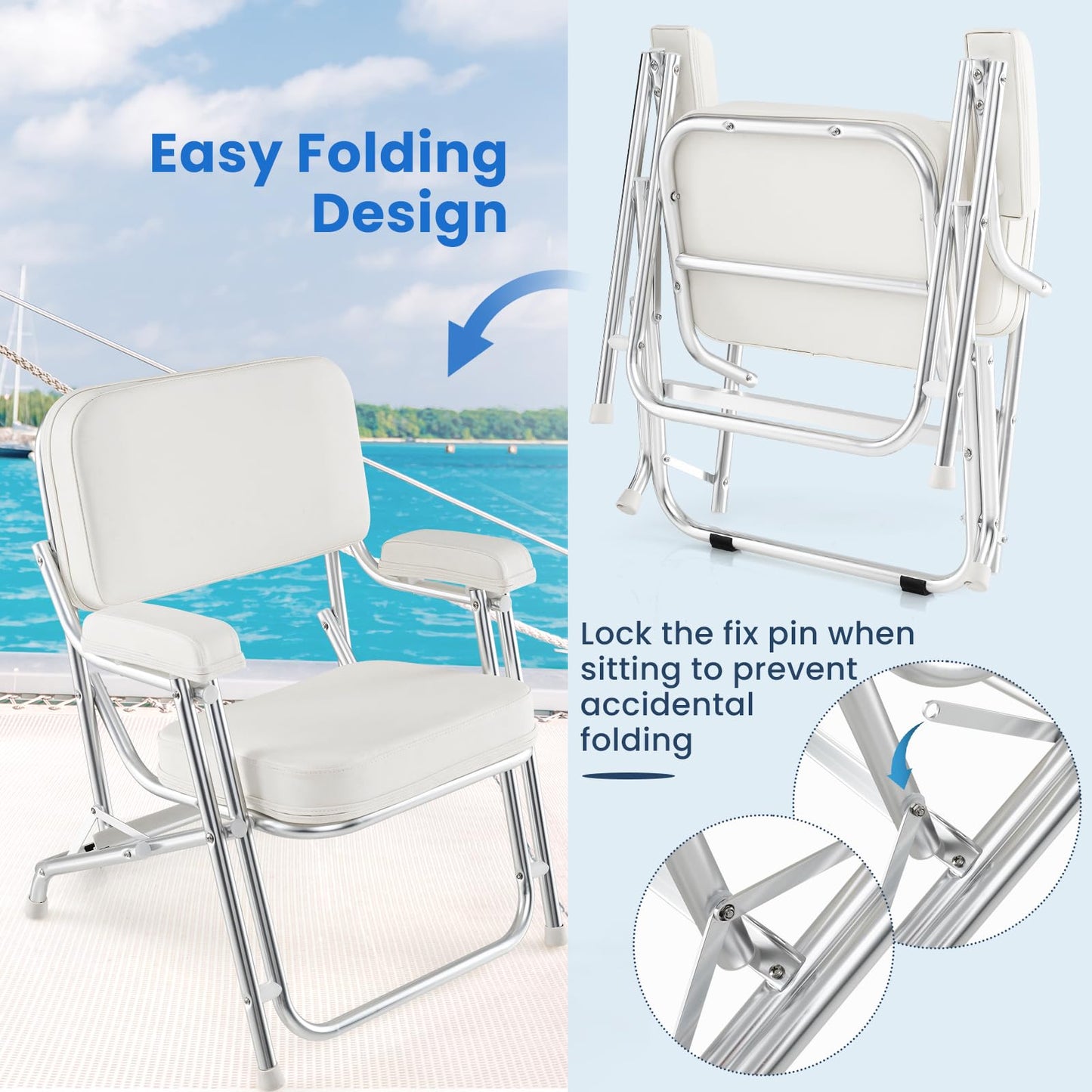 Upholstered Folding Deck Chair with Padded Backrest & Armrests