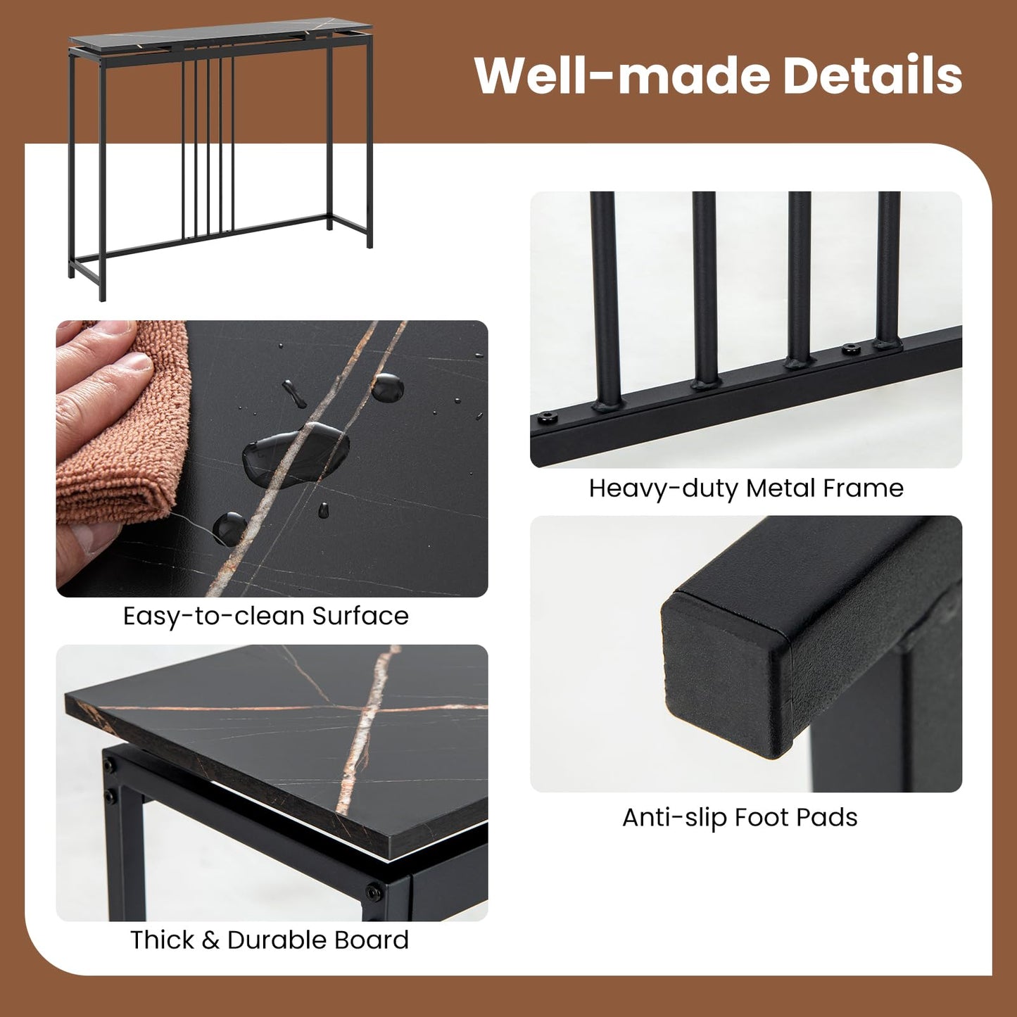 Narrow Console Table 120cm Long Hallway Table with Metal Frame & Faux Marble Top