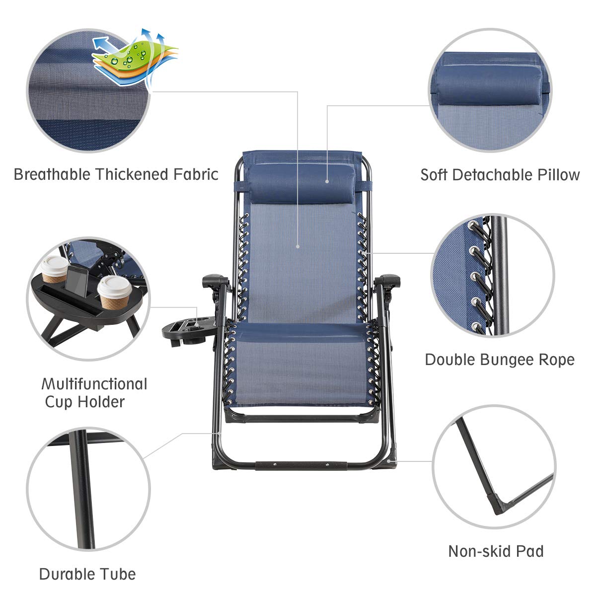 Oversized Patio Folding Zero Gravity Chair with Removable Pillow and Side Tray