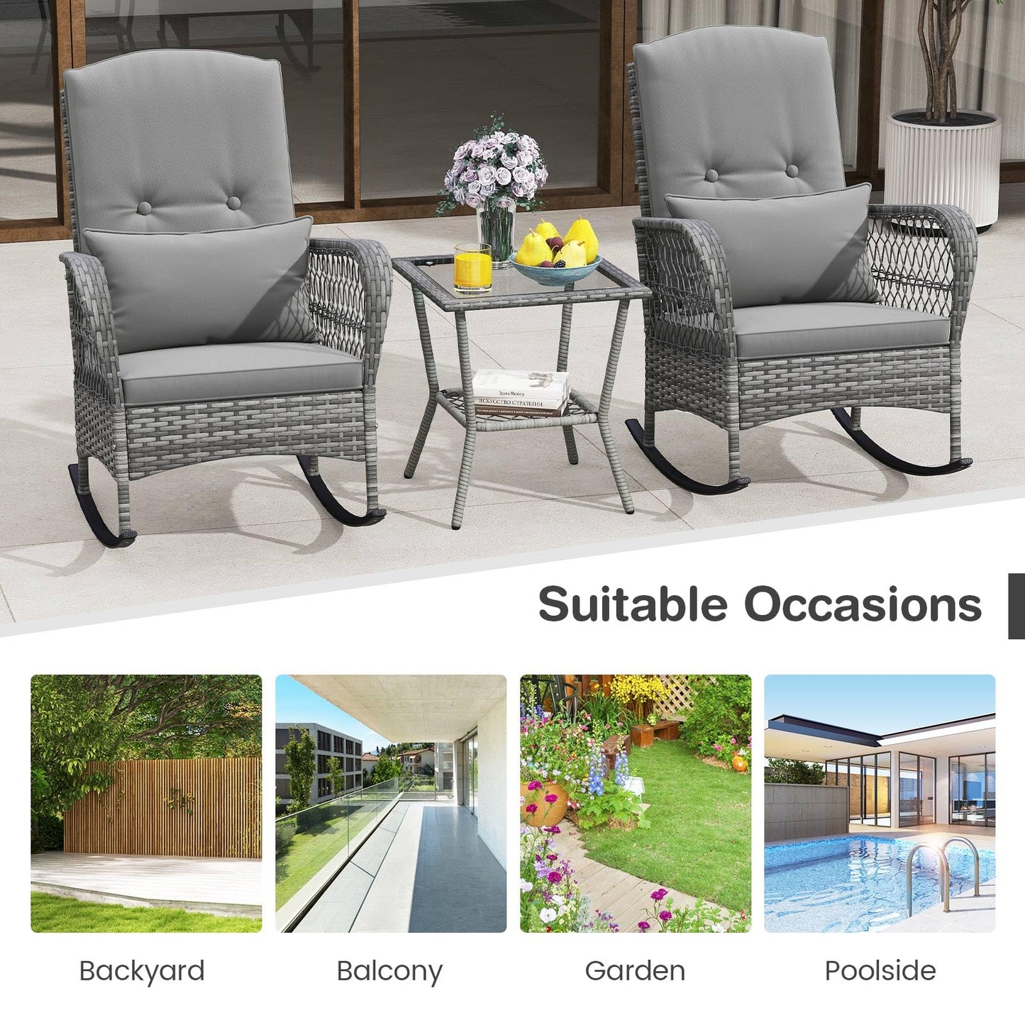 3 Piece Outdoor Rocking Chair Set with Cozy Cushions and Pillow