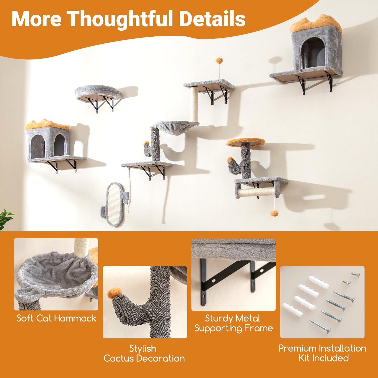 Wall-Mounted Cat Tower Set with 2-Tier Platform and 2 Comfy Cat Condos