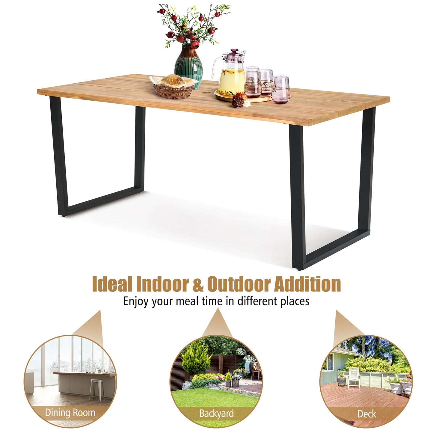 175 x 80cm Patio Rectangle Dining Table for 6 Person with Umbrella Hole