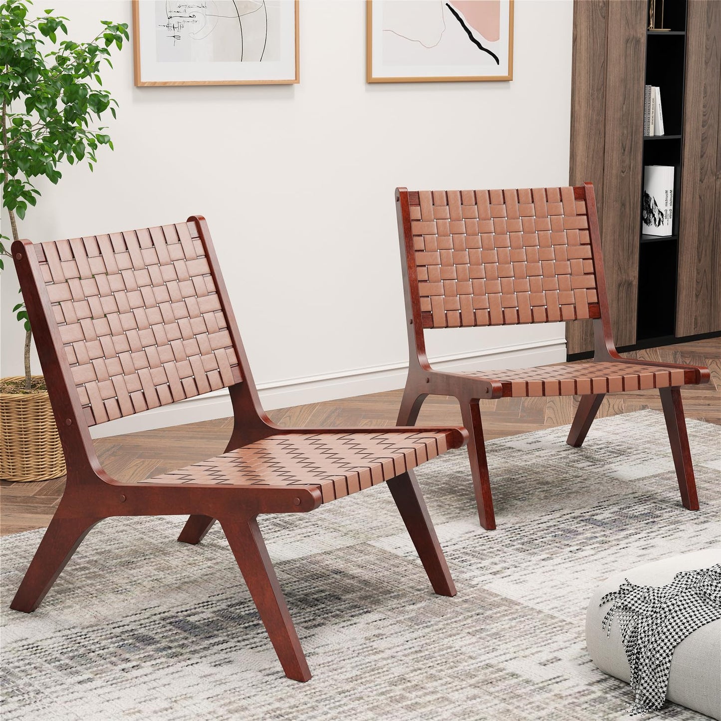 Set of 2 Woven Leather Accent Chairs with Wood Frame