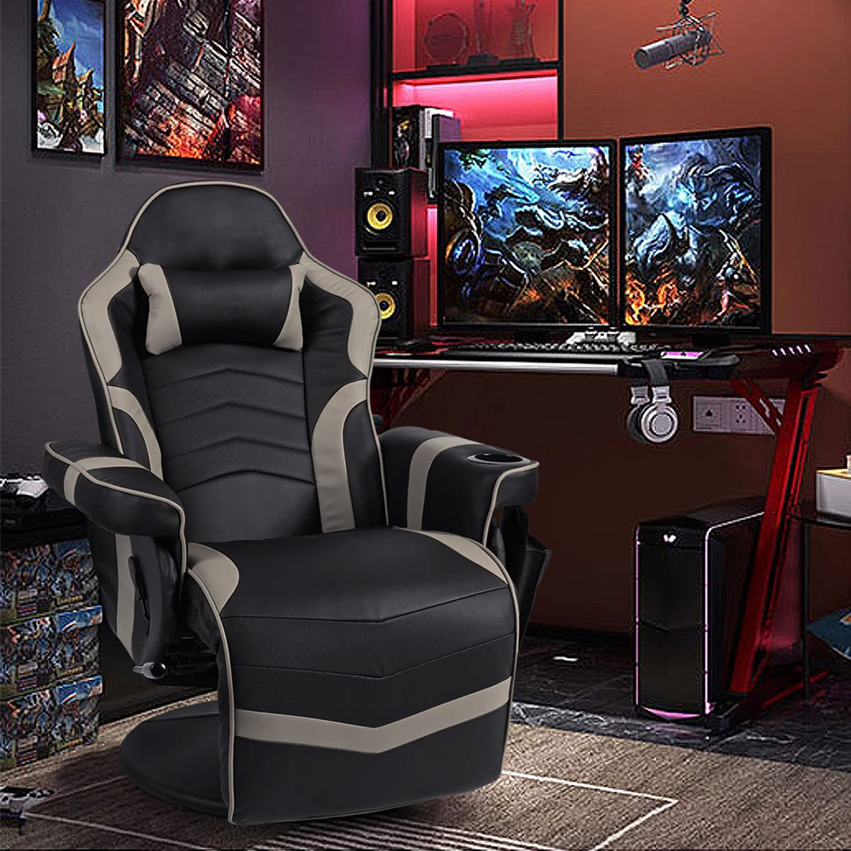 Height Adjustable Swivel Racing Video Massage Gaming Chair with Retractable Footrest