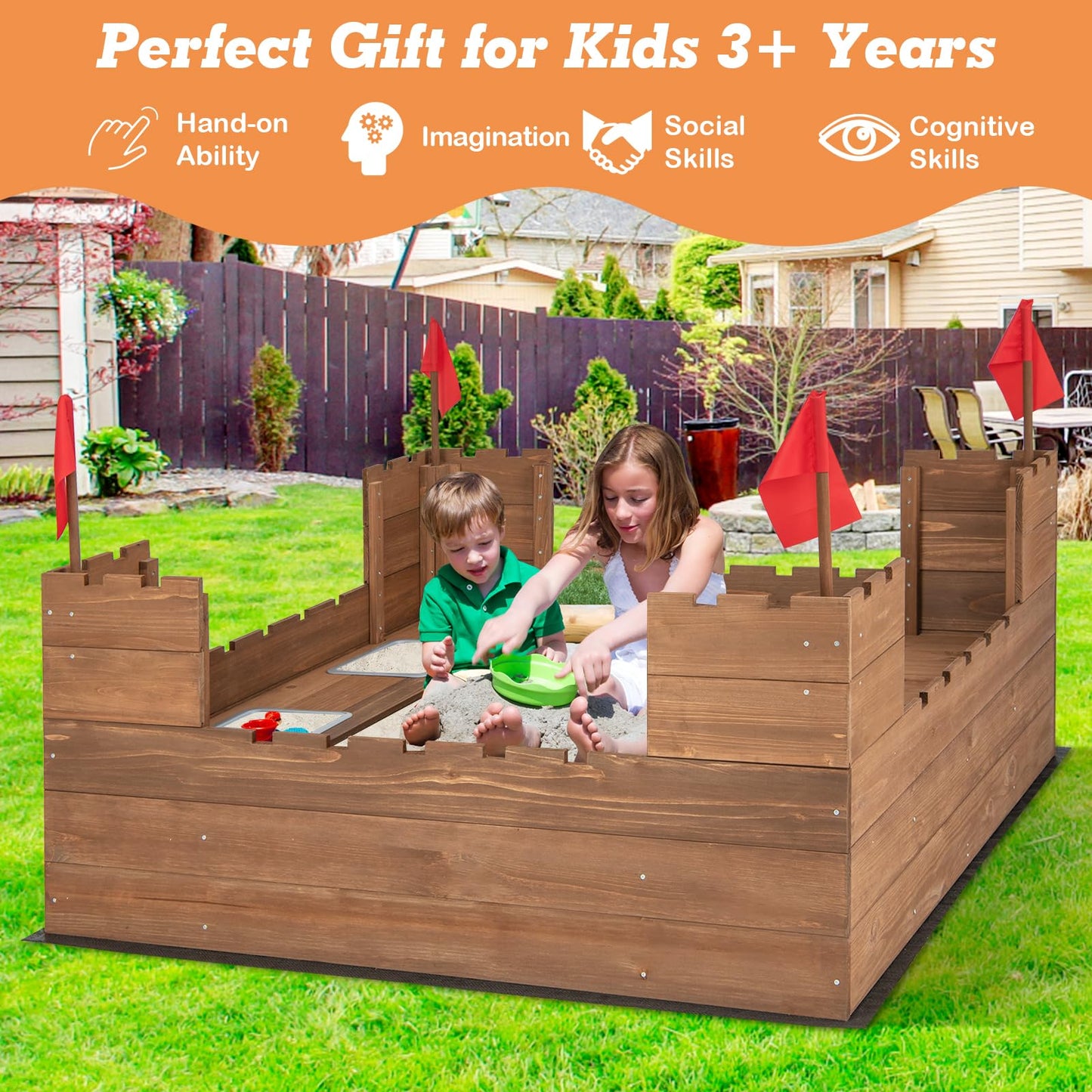 Solid Wood Kids Sandbox with 2 Bench Seats