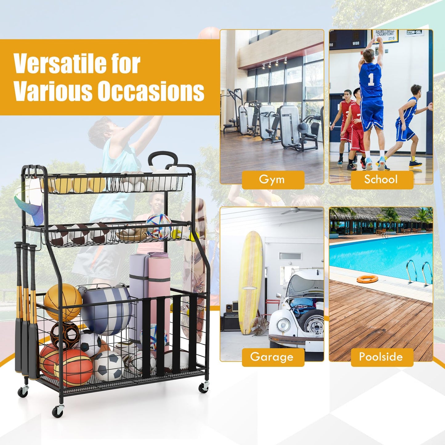 Sports Equipment Storage Rack Rolling Sports Ball Storage Cart