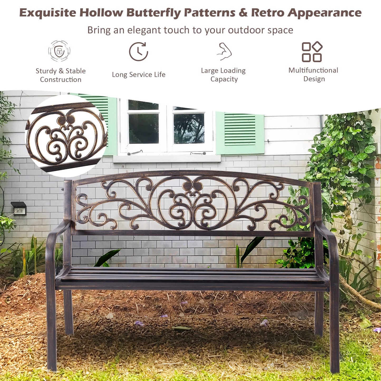 Butterfly Pattern 2 Seater Metal Frame Garden Bench