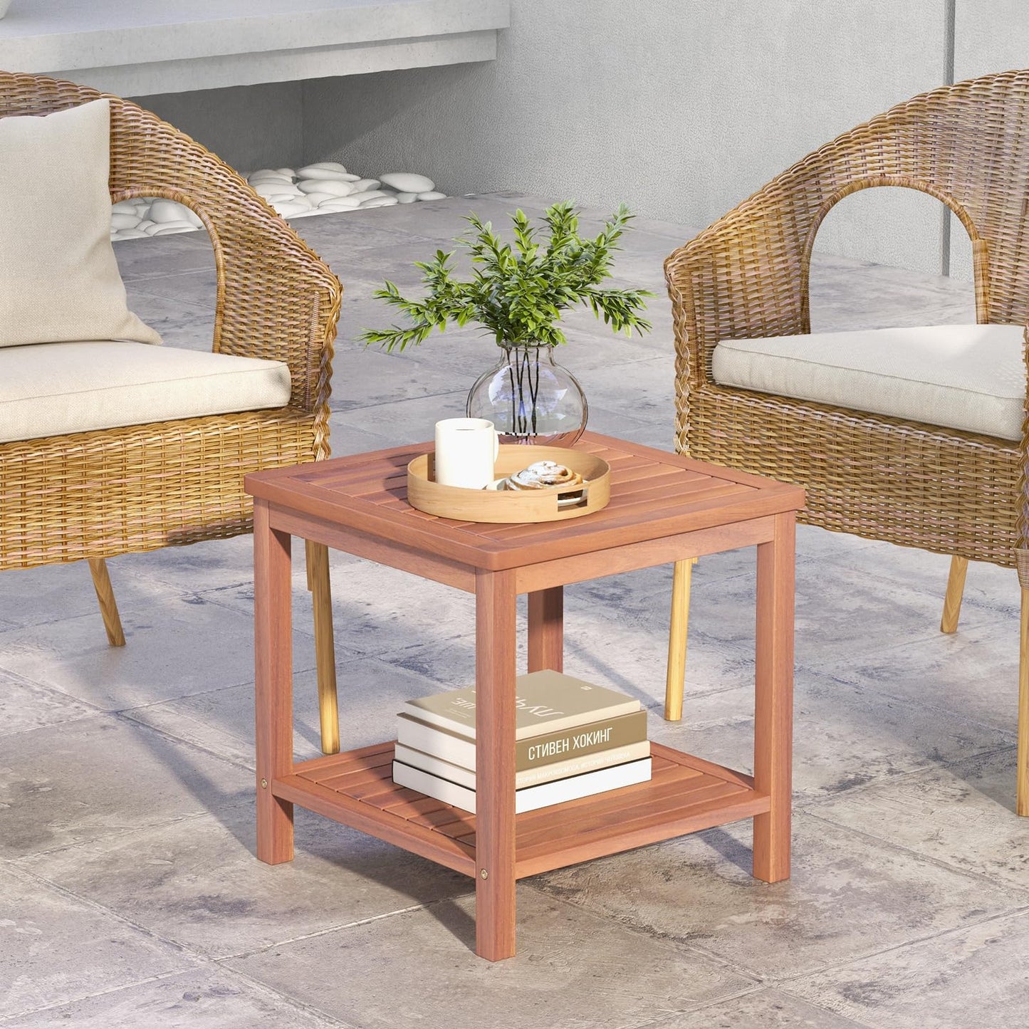 Solid Acacia Wood Outdoor Coffee Table with 2-Tier Storage Shelves