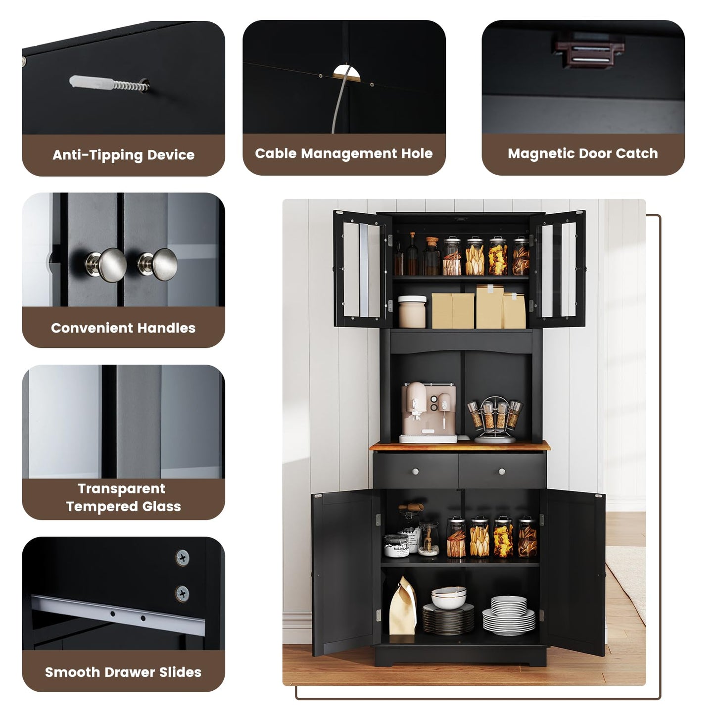 Tall Kitchen Pantry Cabinet with Wood Countertop and Adjustable Shelves