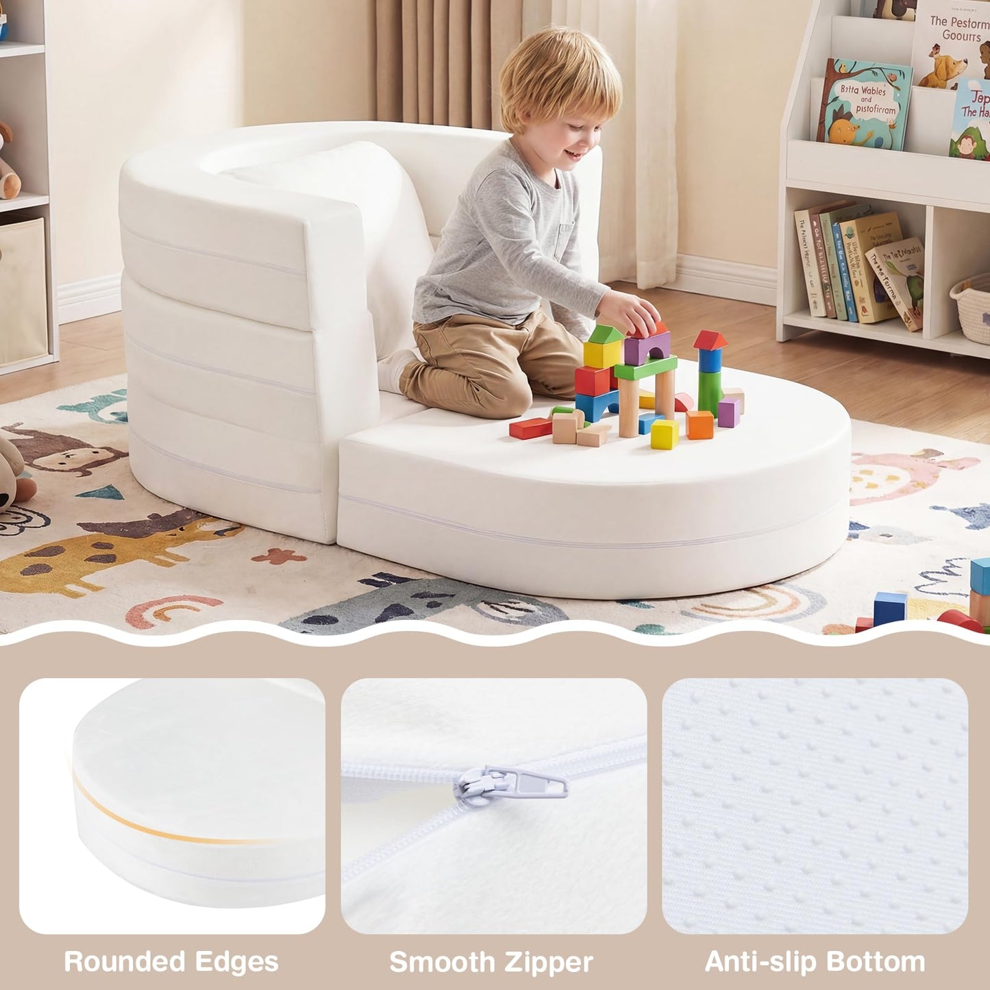 Kids Sofa Bed, 3-in-1 Convertible Modular Toddler Play Couch Lounger
