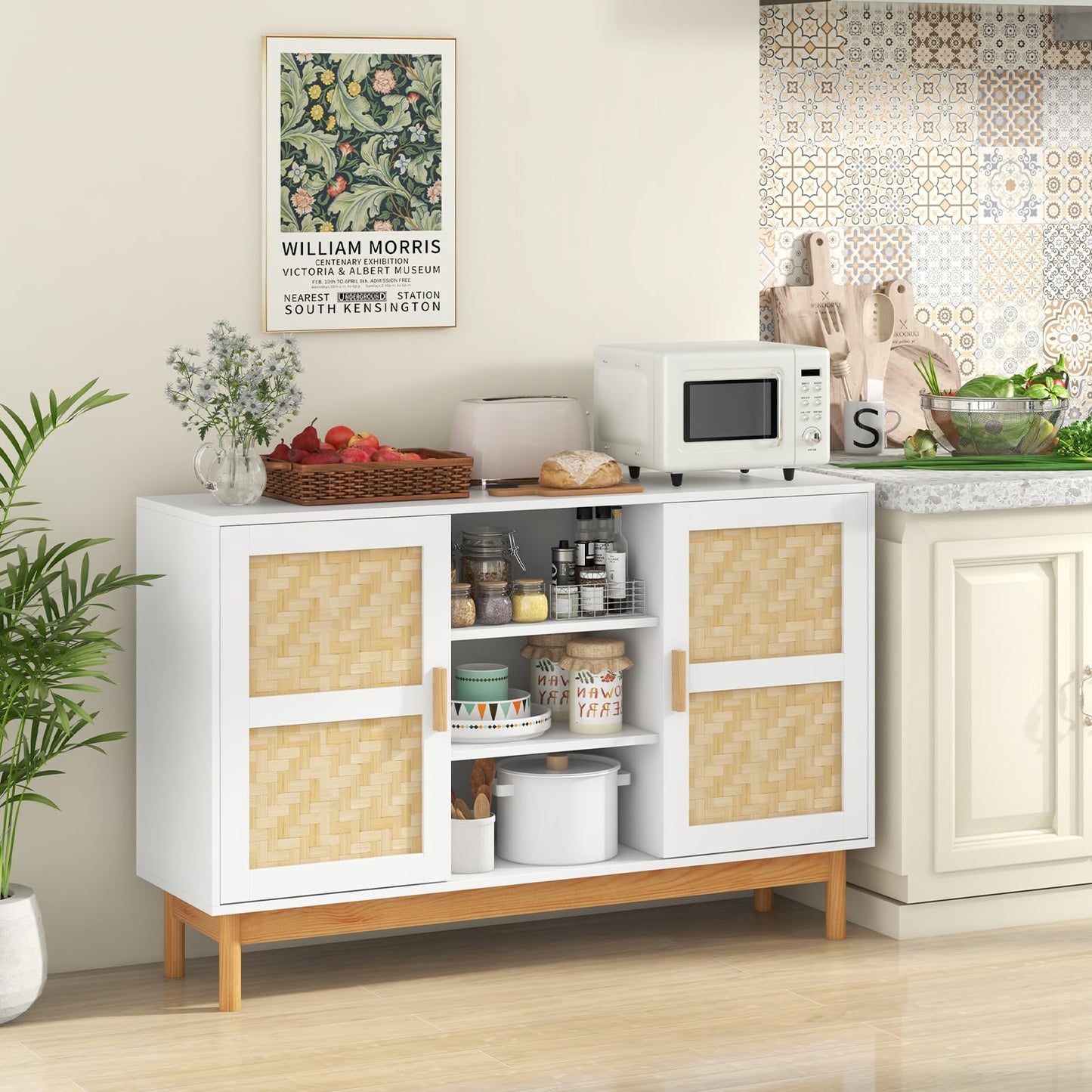 120 CM Sideboard Buffet Cabinet with 2 Bamboo Woven Doors and 3 Open Shelves