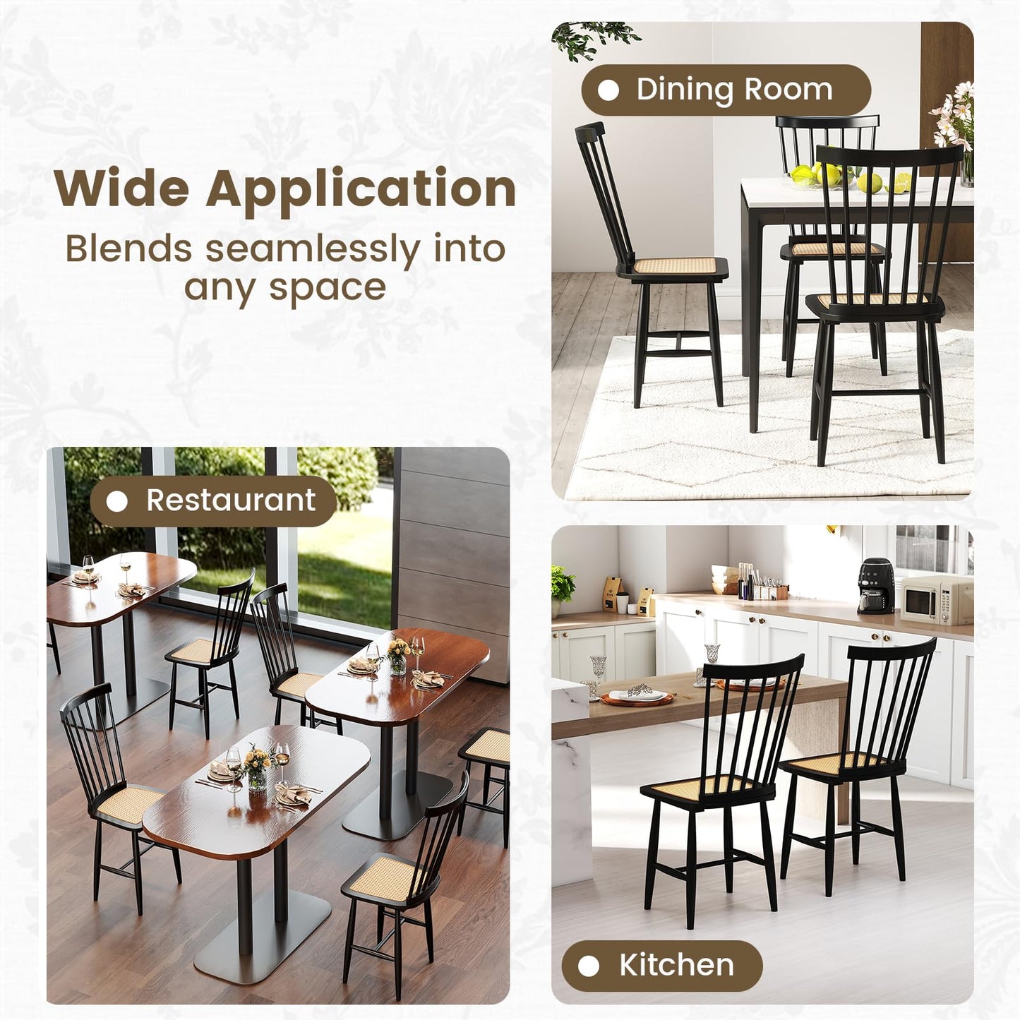 Windsor Dining Chair Set of 2 with Spindle Back and PE Rattan Seat for Kitchen