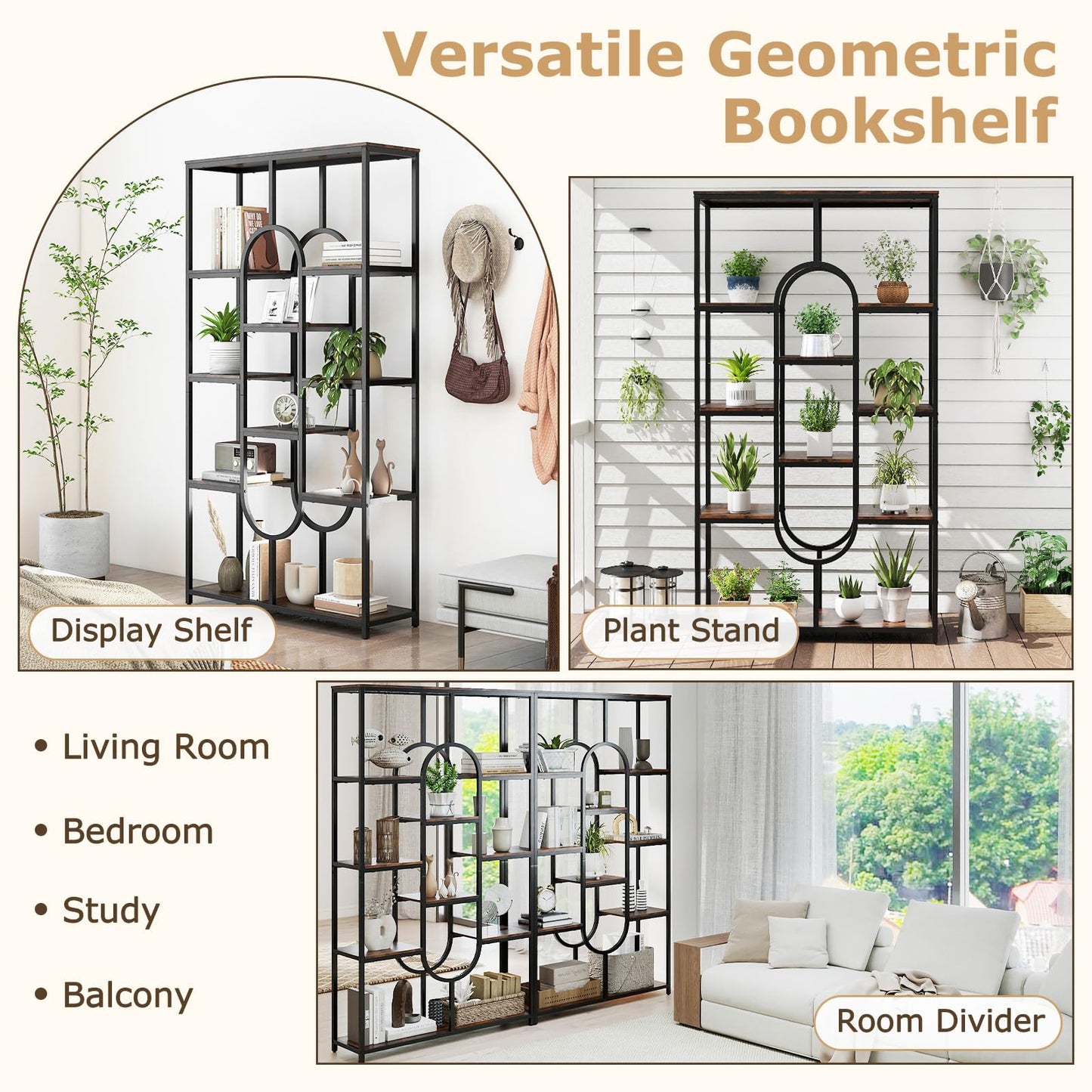 10-Tier Bookshelf, Industrial Etagere Bookcase with Open Storage Shelves