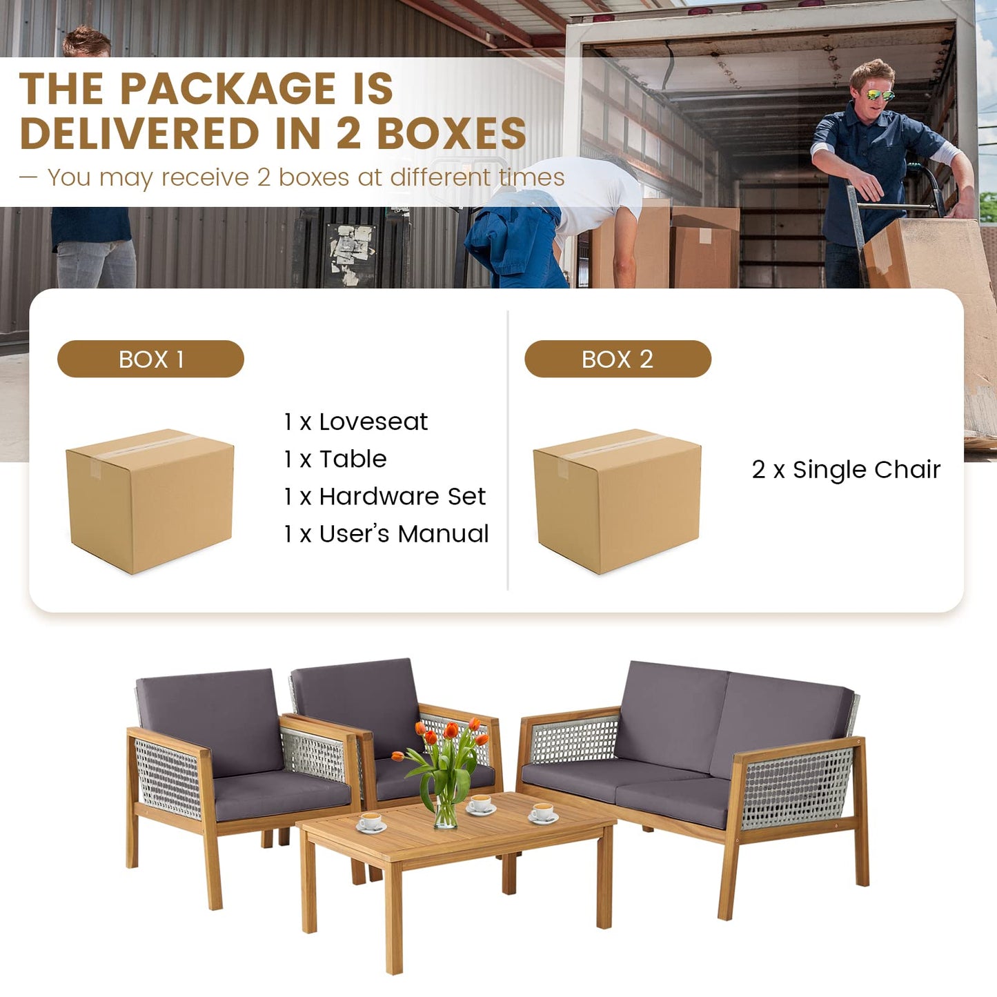 Acacia Wood Rattan Patio Conversation Set with Loveseat