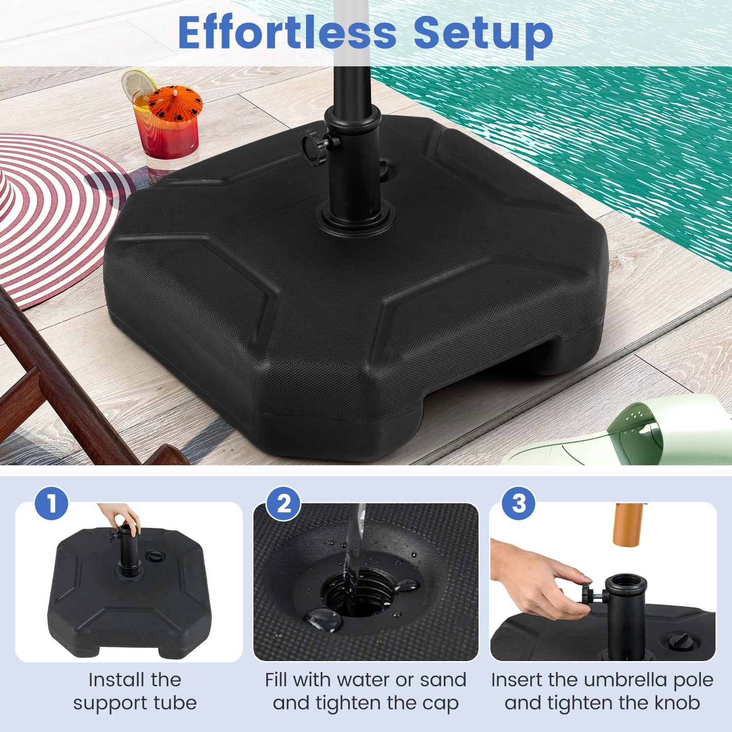 40kg Water+Sand Filled Patio Parasol Umbrella Stand Fit 38/48 mm Umbrella Poles