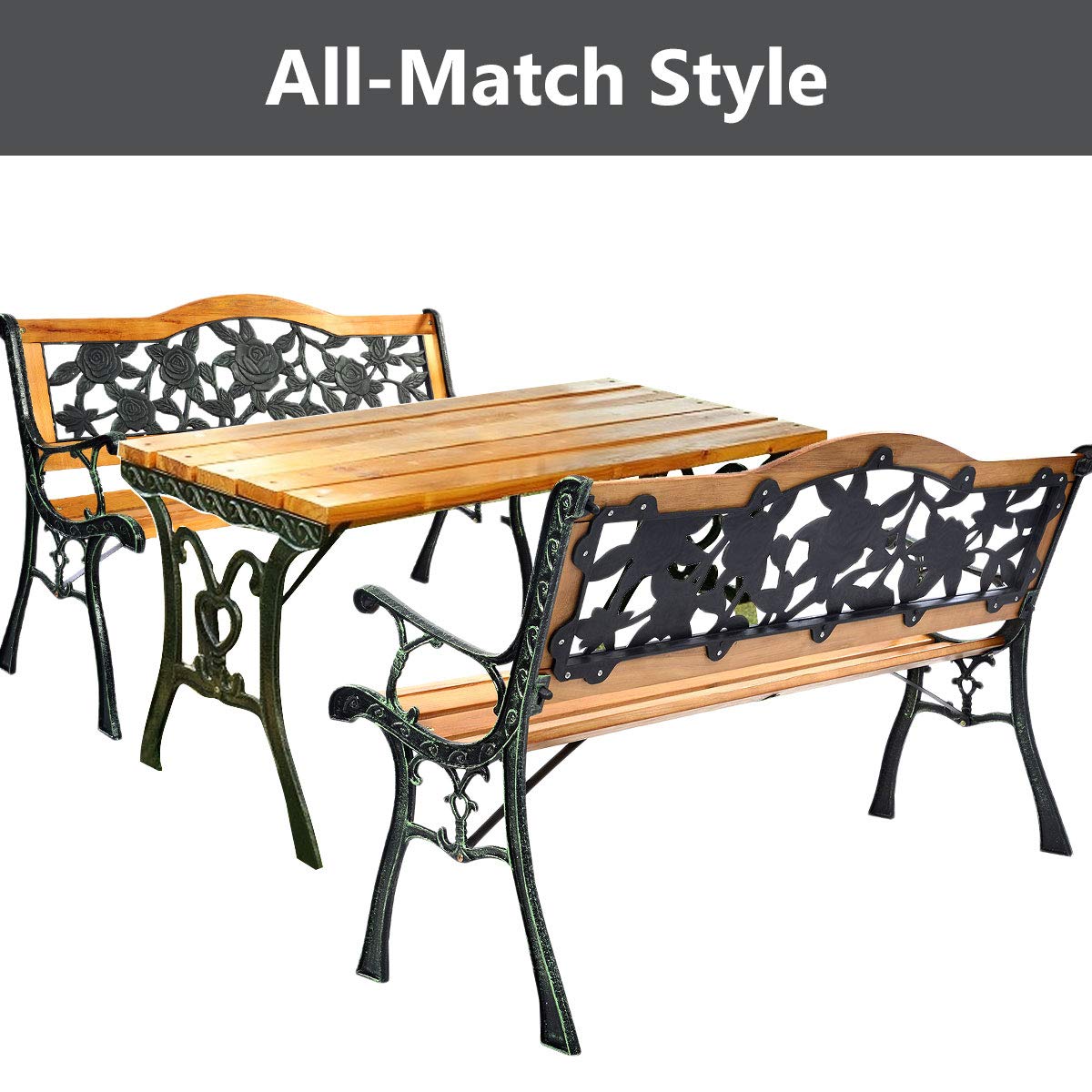 Solid Wood Slatted Seat Loveseat Park Bench Arched Back with Rose Pattern