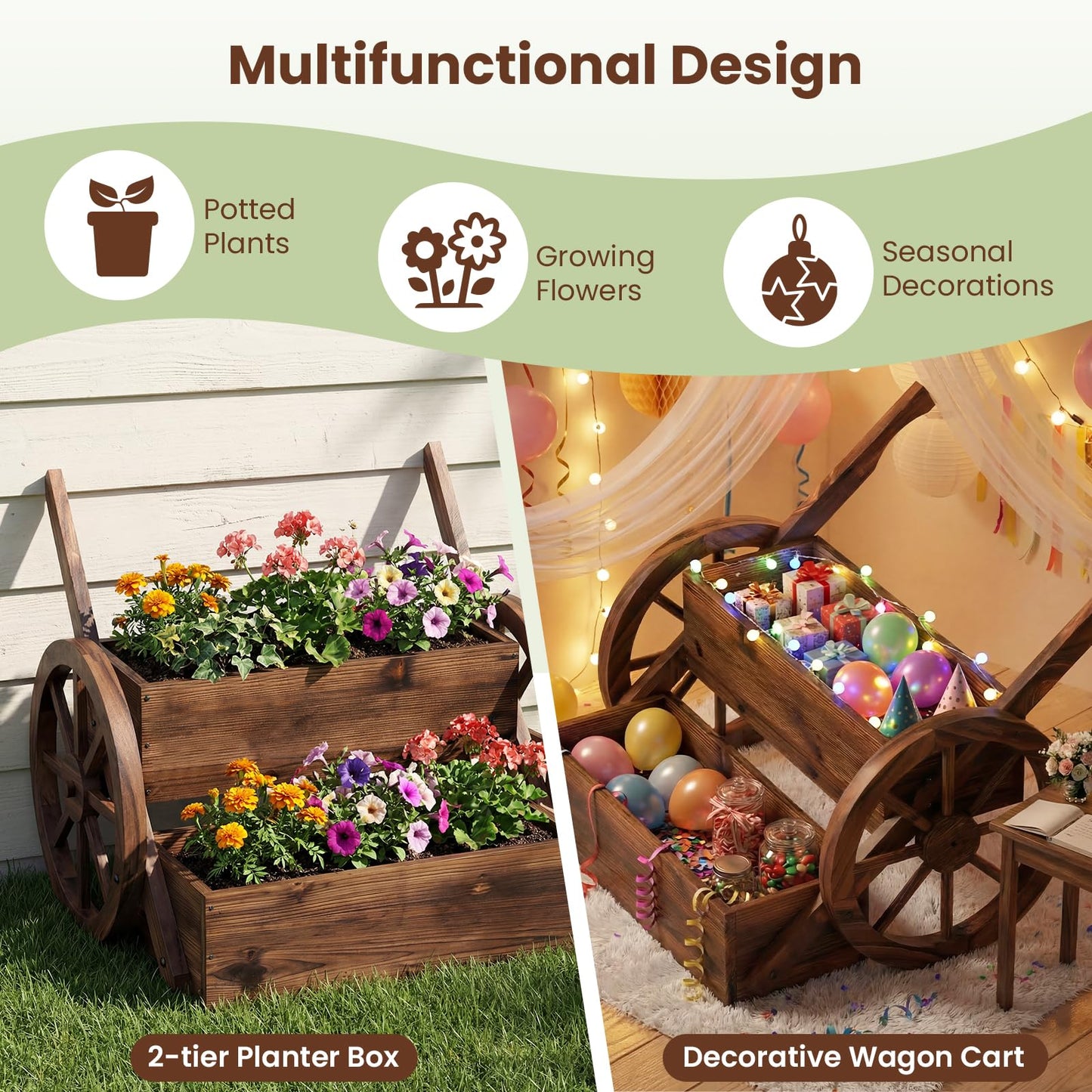 Wood Wagon Planter Box, 2-Tier Rustic Raised Garden Bed with Drainage Holes