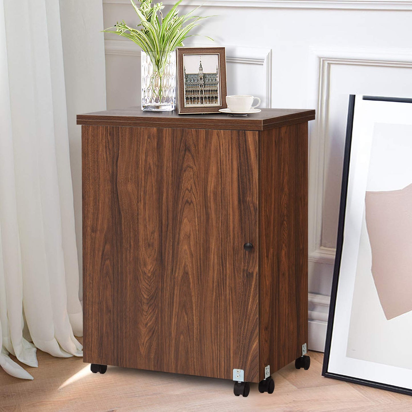 2-in-1 Rolling Folding Sewing Table with Storage Shelves and Lockable Casters