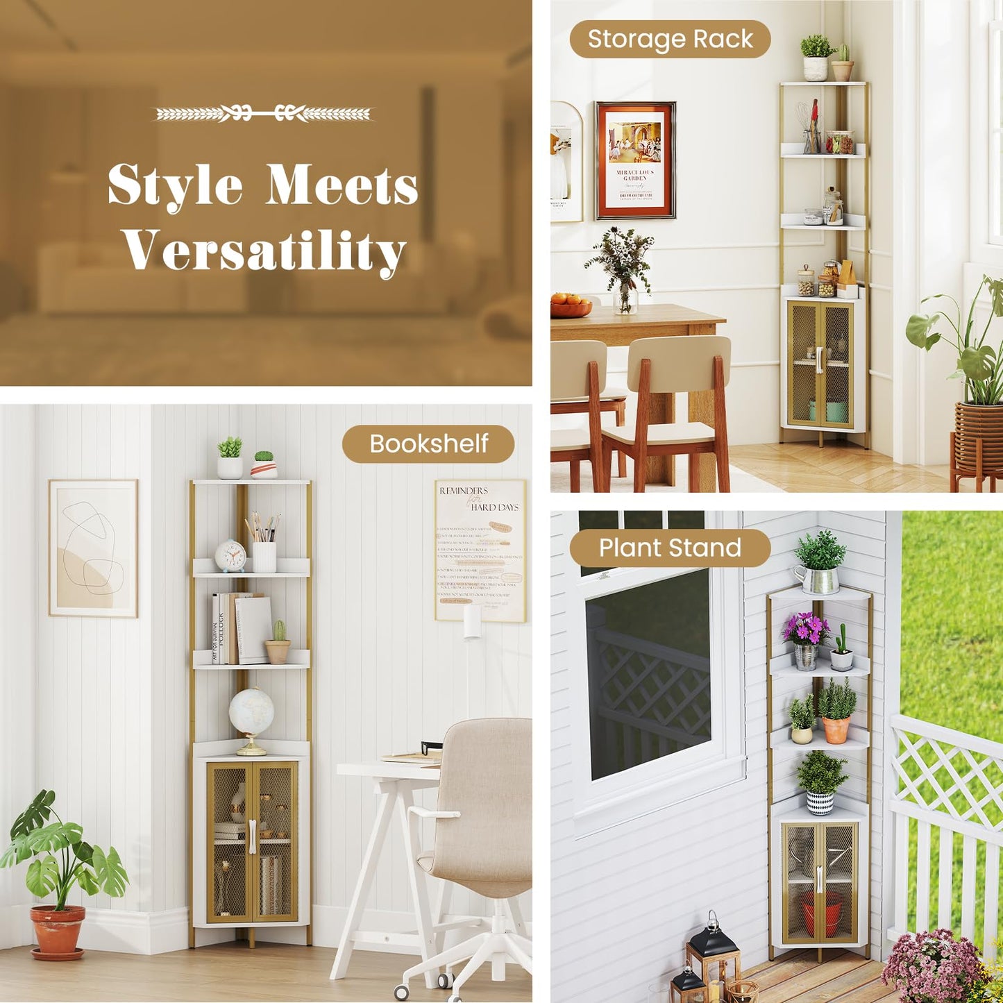 6-Tier Corner Shelf 170CM Tall Corner Bookshelf with Cabinet