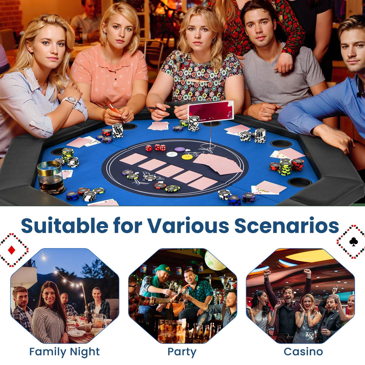 8 Player Foldable Poker Table with 8 Cup Holders