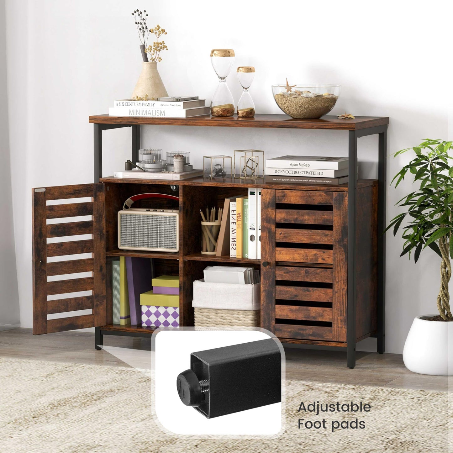 Sideboard Storage Cabinet with Slatted Door and 3 Adjustable Shelves