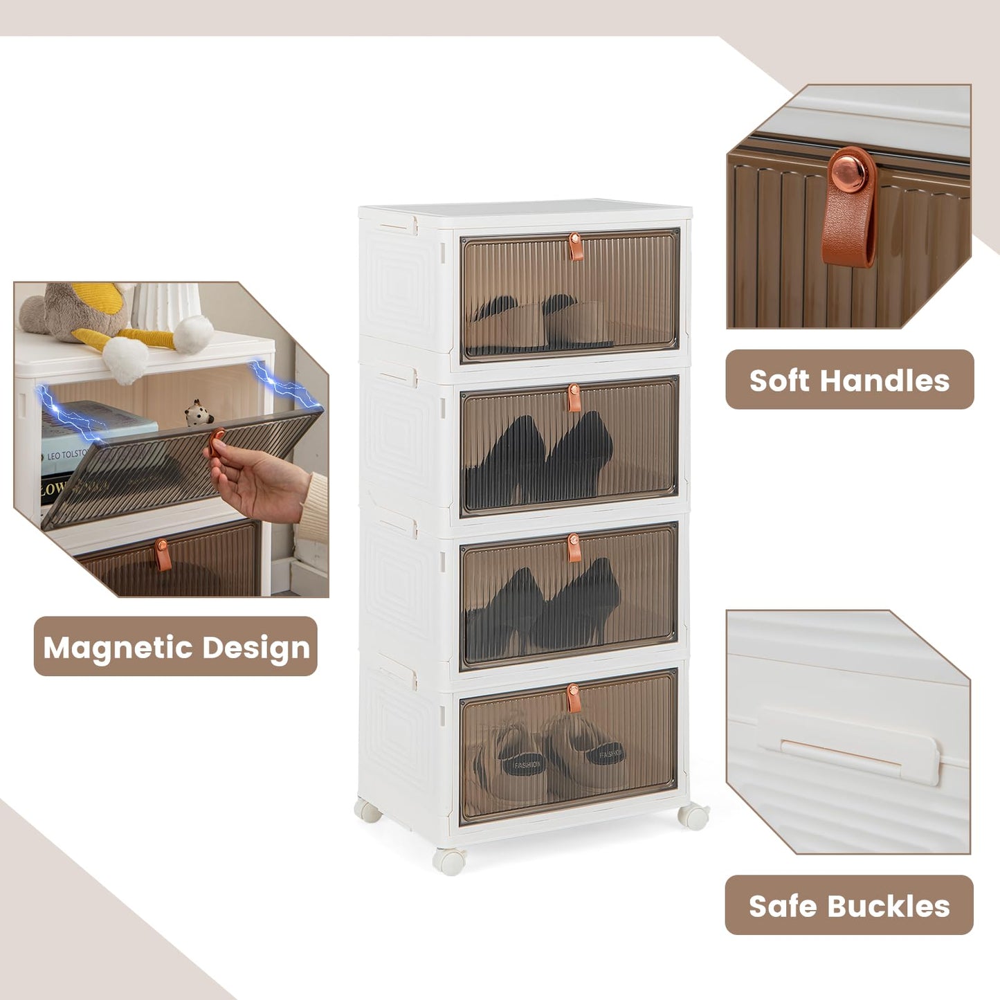 4-Tier Stackable Shoe Storage Box with Lockable Wheels