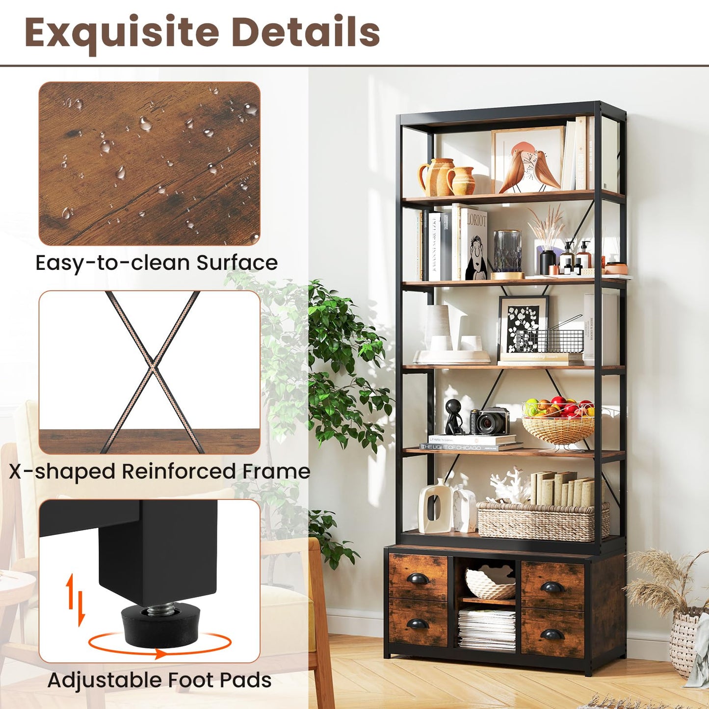 8-tier Bookshelf with Storage and 4 Fabric Drawers