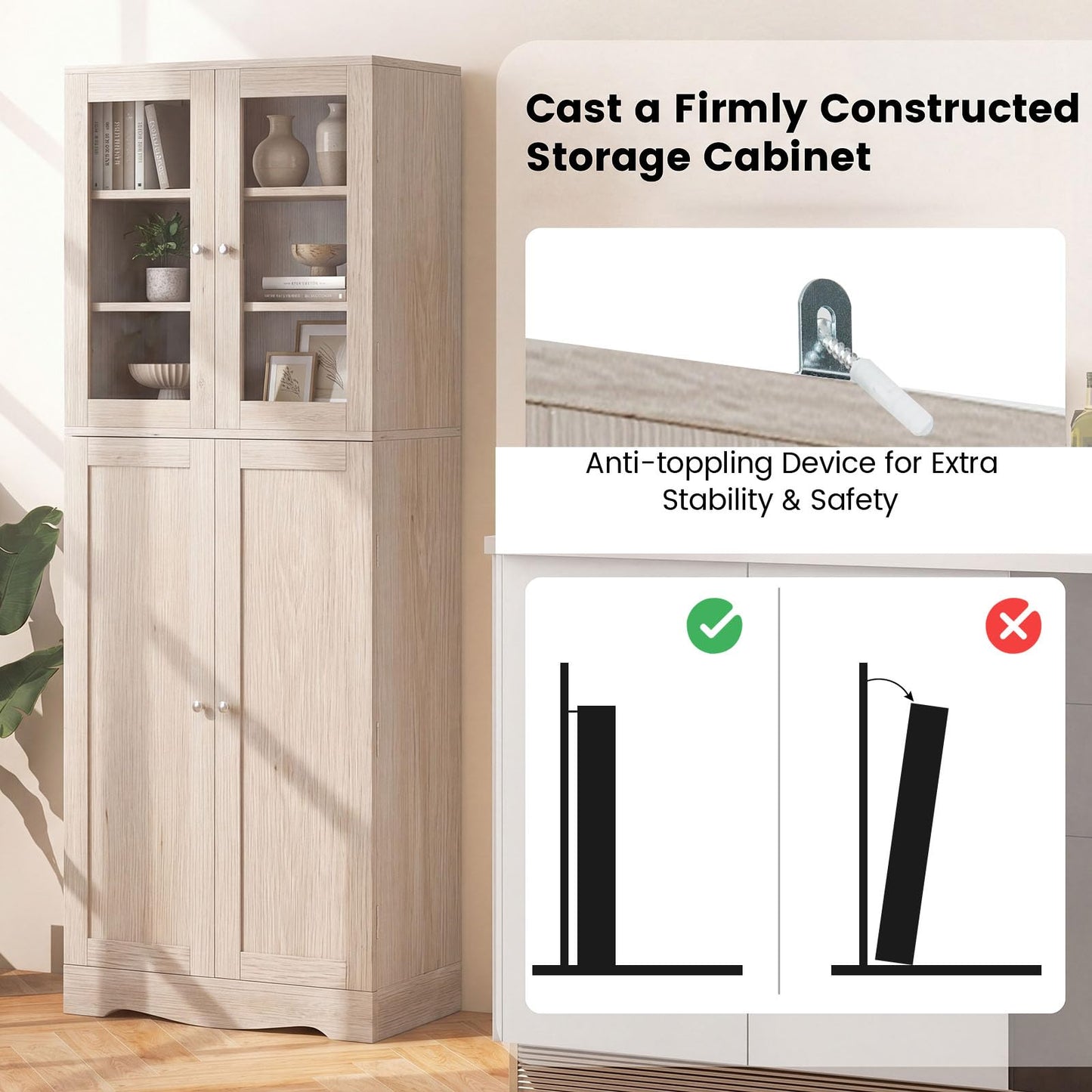 Kitchen Pantry Storage Cabinet with Glass Doors and Storage Shelves