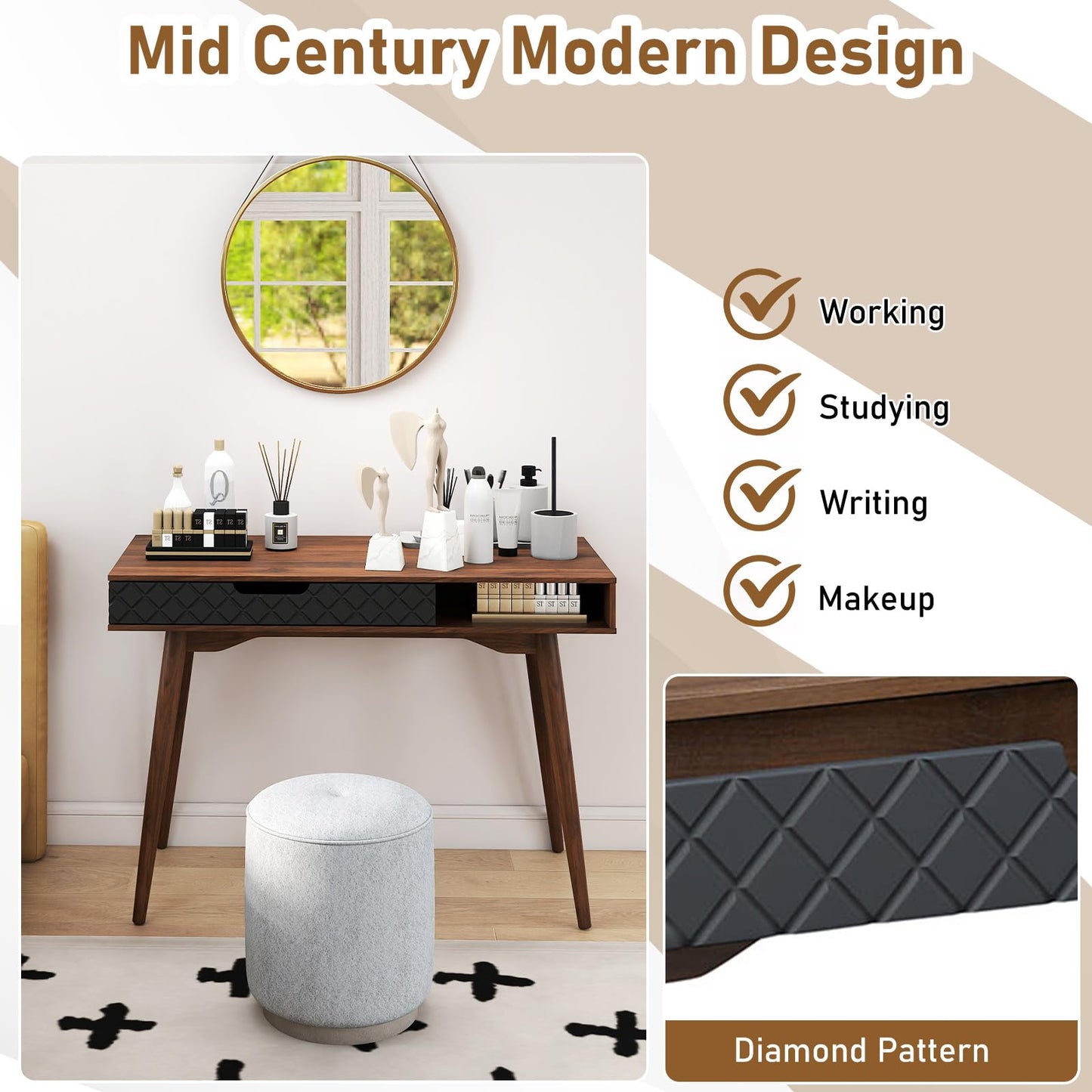 Wooden Computer Desk, 108cm Mid-Century PC Laptop Table Writing Workstation