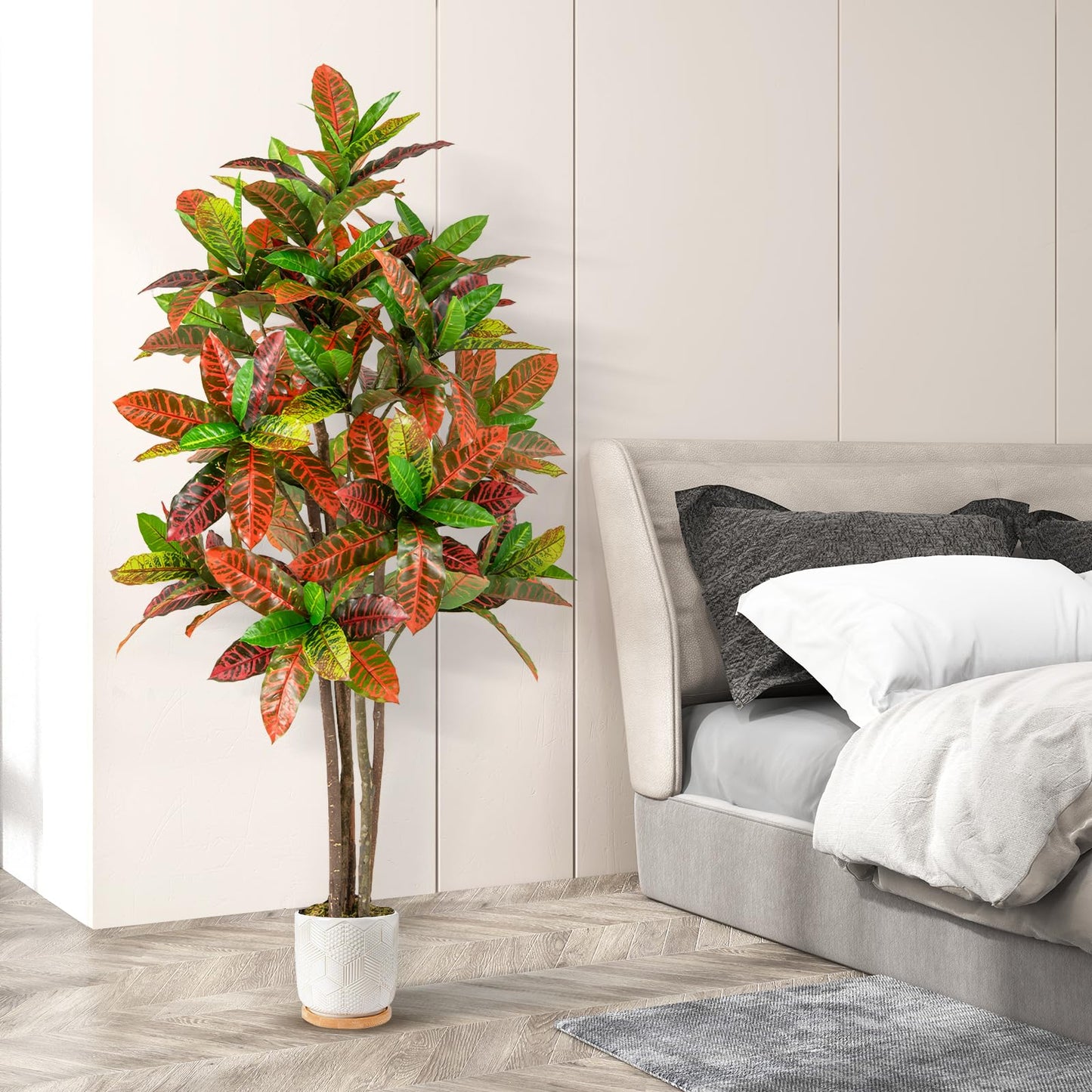 150cm Artificial Croton Plant with Multi colored PEVA Leaves and Solid Wood Trunk