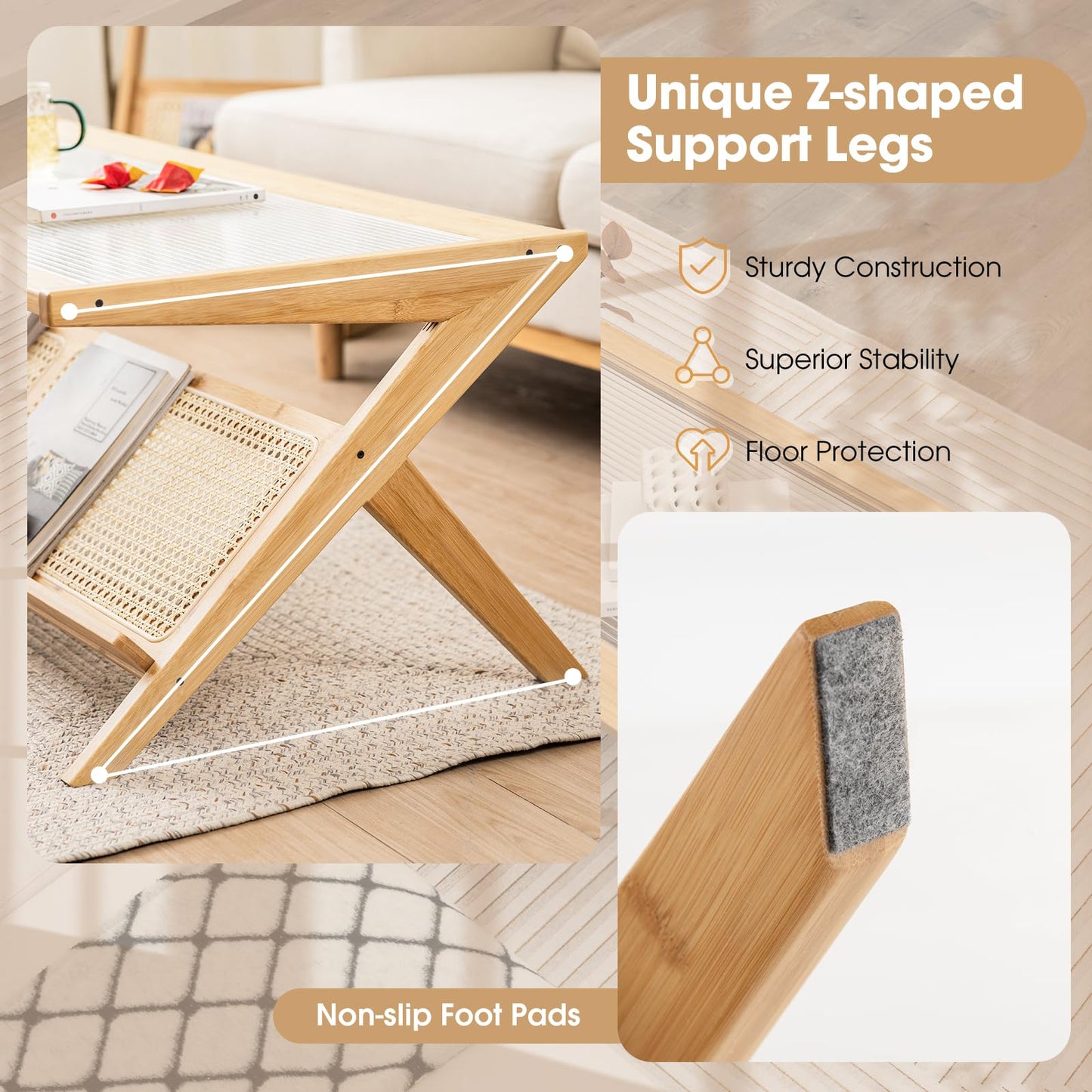 Tempered Glass Cocktail Tea Center Table with Rattan Magazine Storage Shelf