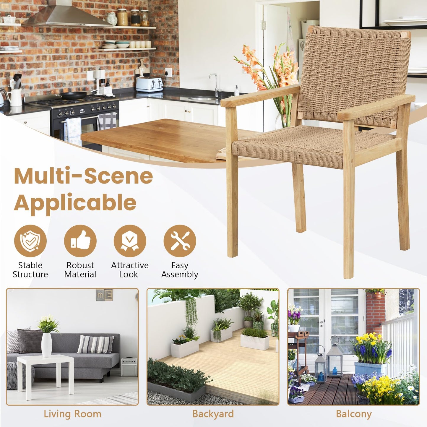 Wood Chair Set of 2 with Paper Rope Woven Seat