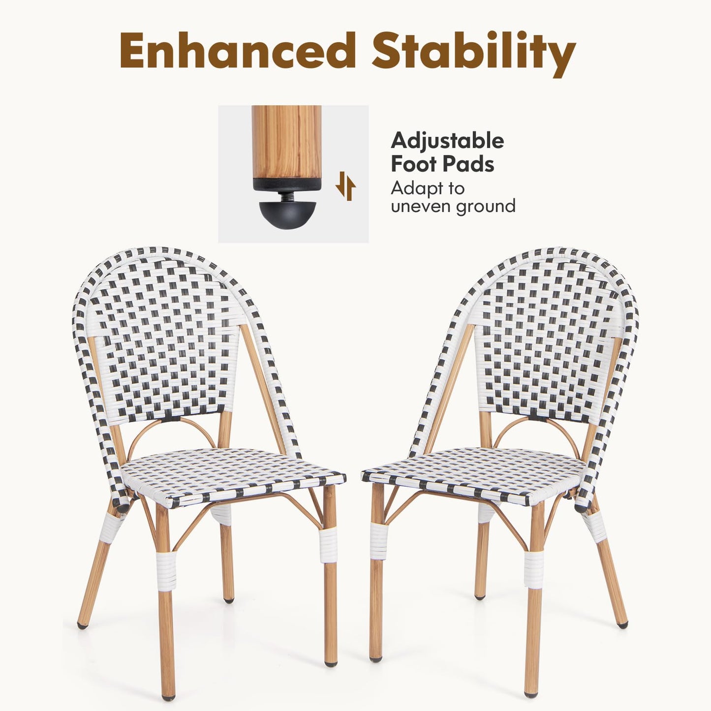 GiantexUK Rattan Outdoor Set of 2 Metal Frame Garden Chairs with Backrest & Adjustable Foot Pads